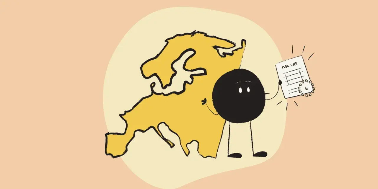 Un personaje negro sonriente junto a un mapa de Europa, mostrando un documento con las partes de una factura y el símbolo del euro.