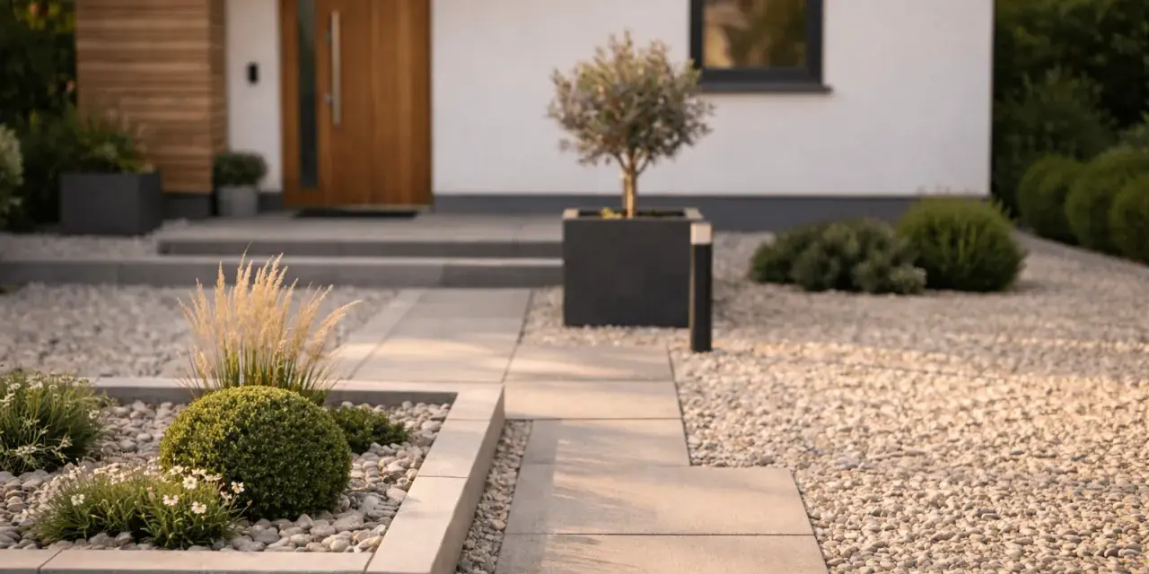 Moderner Vorgarten gestalten: Kieswege, klare Linien und eine kleine Olive vor dem Haus.