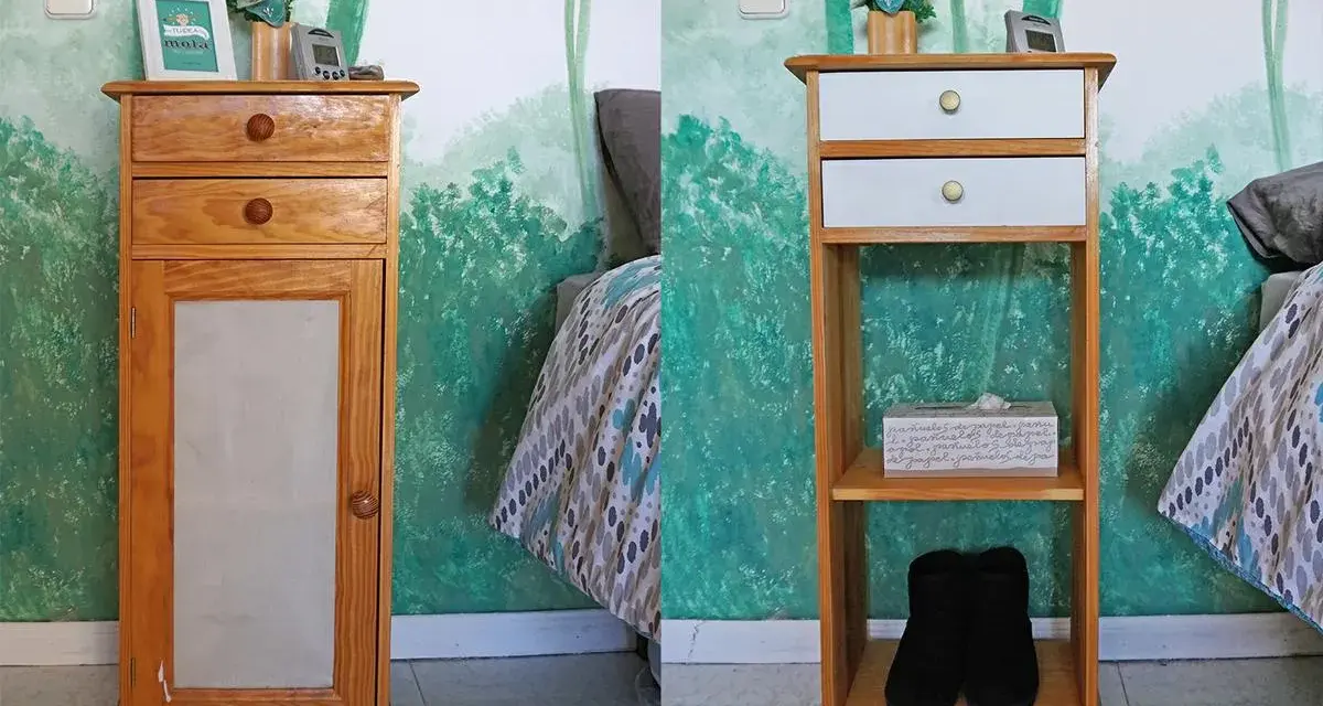 Antes y después de restaurar mesita de noche. La mesita de madera con puerta y cajones se transforma en un mueble abierto con estantes.