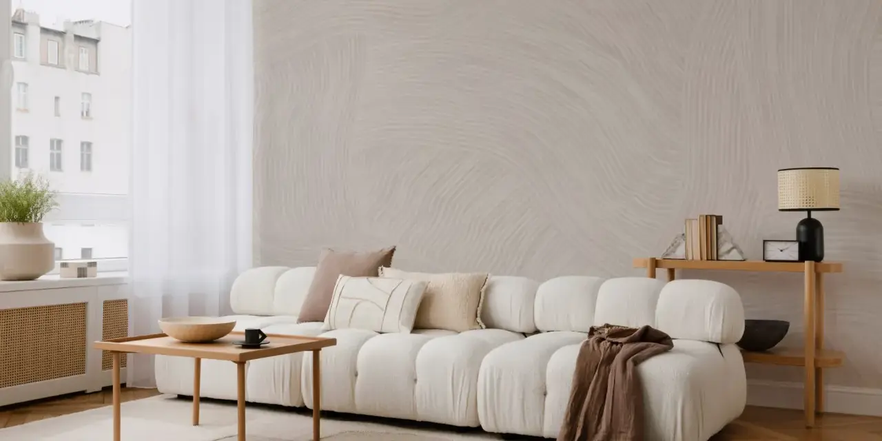 Minimalistyczny salon z sofą, stolikiem i lampą. Subtelne wzory na ścianie i dywanie podkreślają różnicę między stylem skandynawskim a japandi w oprawie eventu.