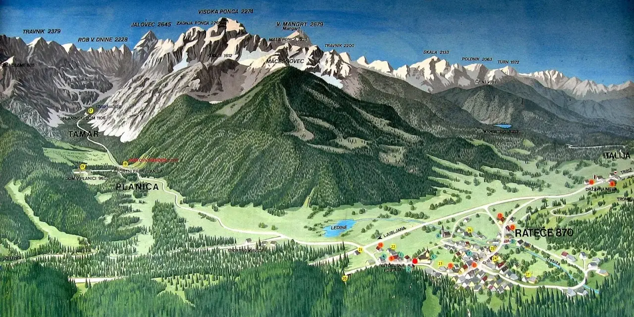 Planica, znana zmagovalnih skakalnic, je obdana z veličastnimi gorami, kot so Mangart, Jalovec in Visoka Ponca.