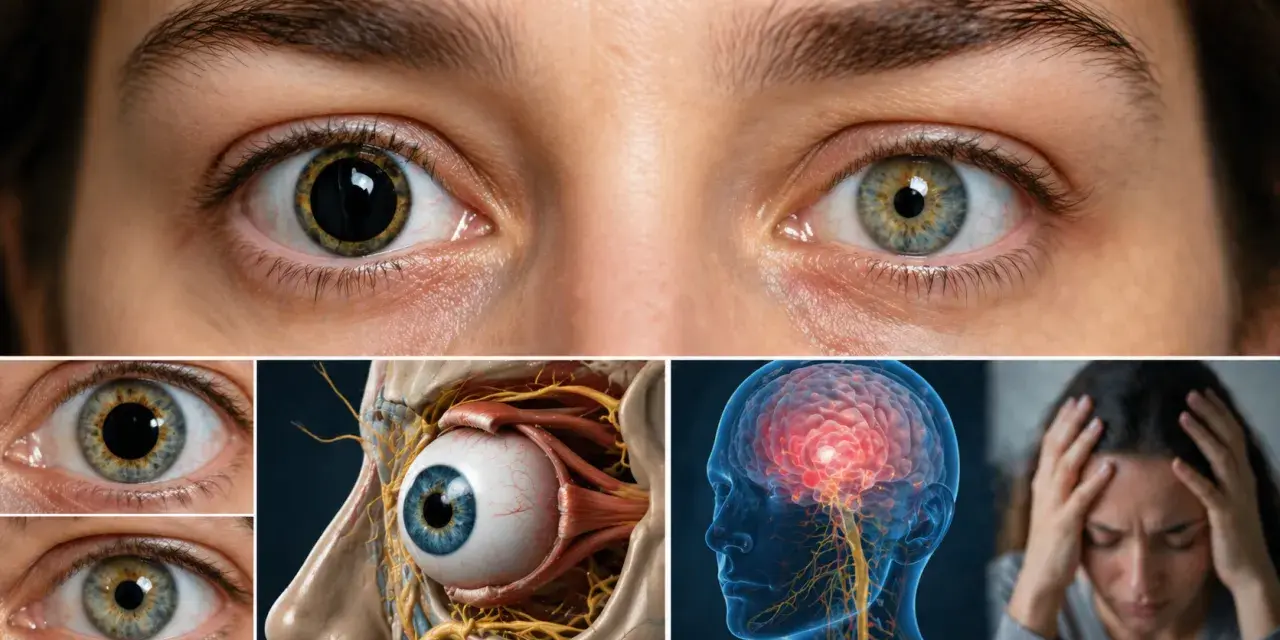 Occhi con la parte nera dell'occhio (pupilla) dilatata e contratta, anatomia oculare, cervello con emicrania e donna sofferente.