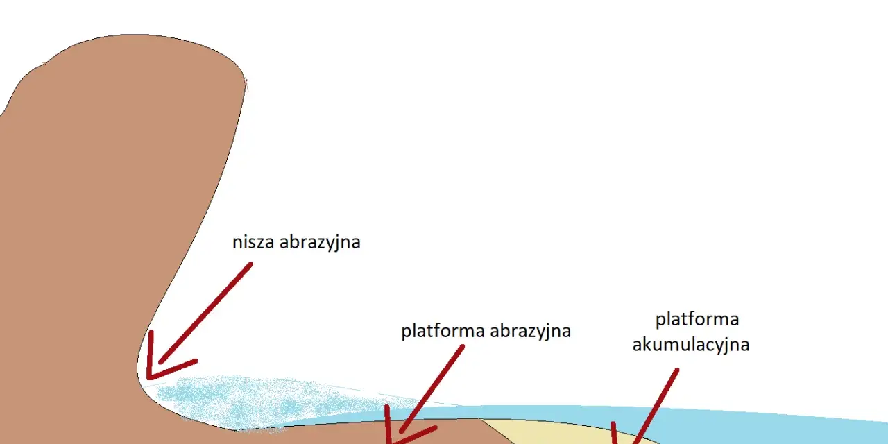 Schematyczny klif nad morzem z zaznaczoną niszą abrazji, platformą abrazji i platformą akumulacyjną.