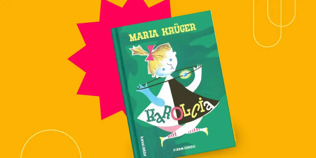 Okładka książki "Karolcia" Marii Krukger. Dziewczynka z kokardką na głowie trzyma magiczny koralik. To streszczenie przygód Karolci.