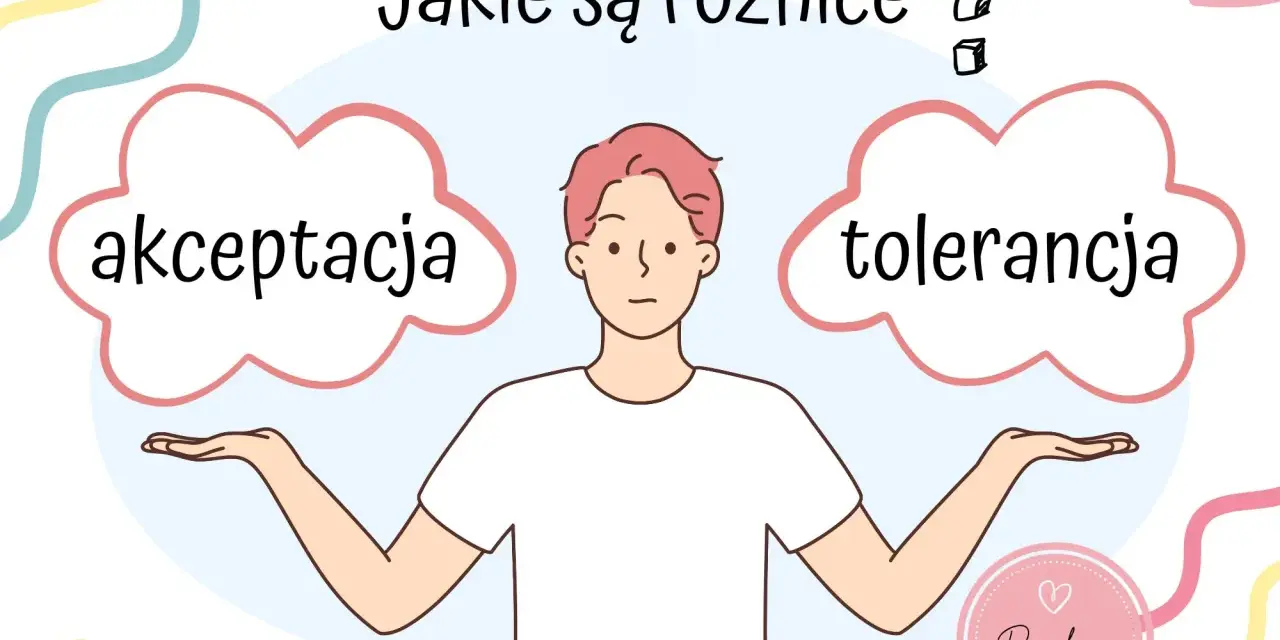 Postać z rozłożonymi rękami zastanawia się nad różnicą między akceptacją a tolerancją.