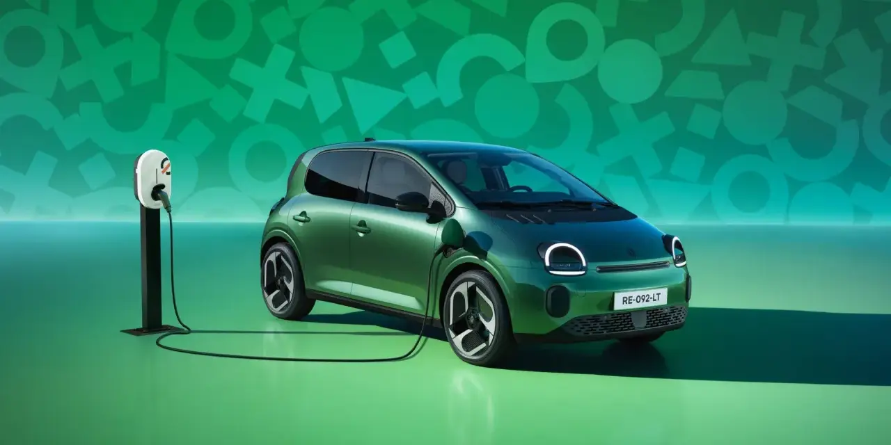 Zielony samochód elektryczny Renault Twingo E-Tech podłączony do ładowarki na tle zielonej grafiki.