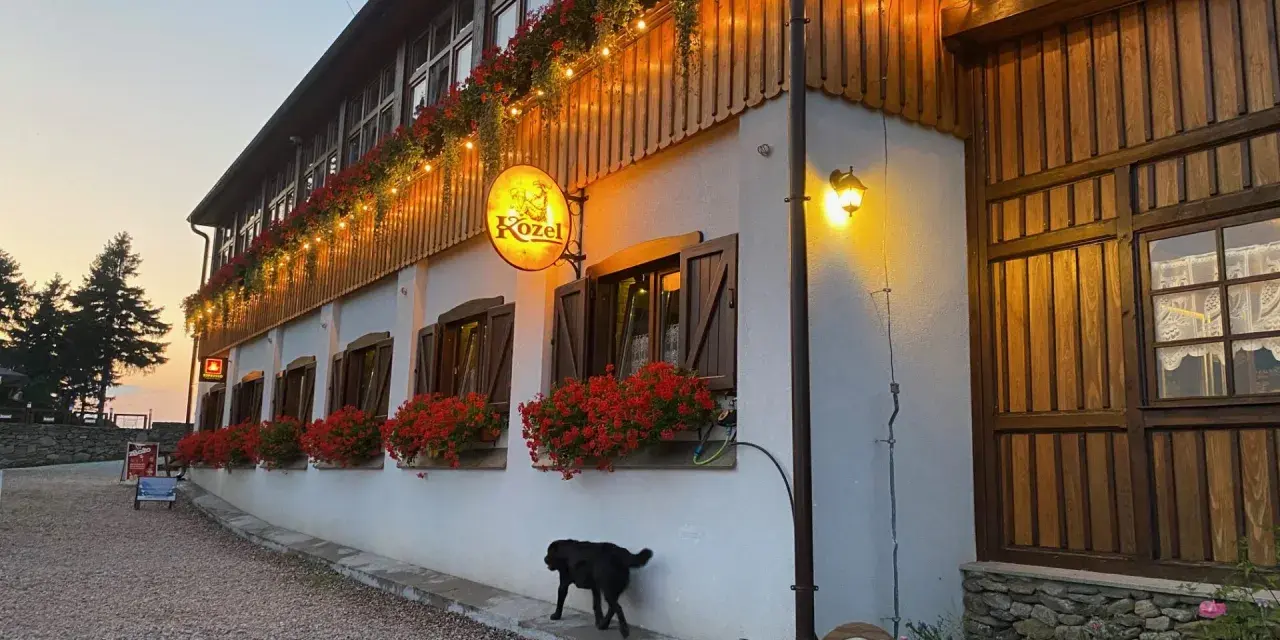 Urokliwe schronisko Orzeł z czerwonymi pelargoniami i girlandą światełek. Czarny piesek spaceruje przed budynkiem.