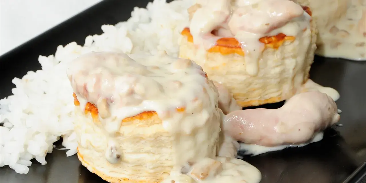 Bouchee a la reine cremoso sobre arroz blanco, un plato elegante y delicioso.