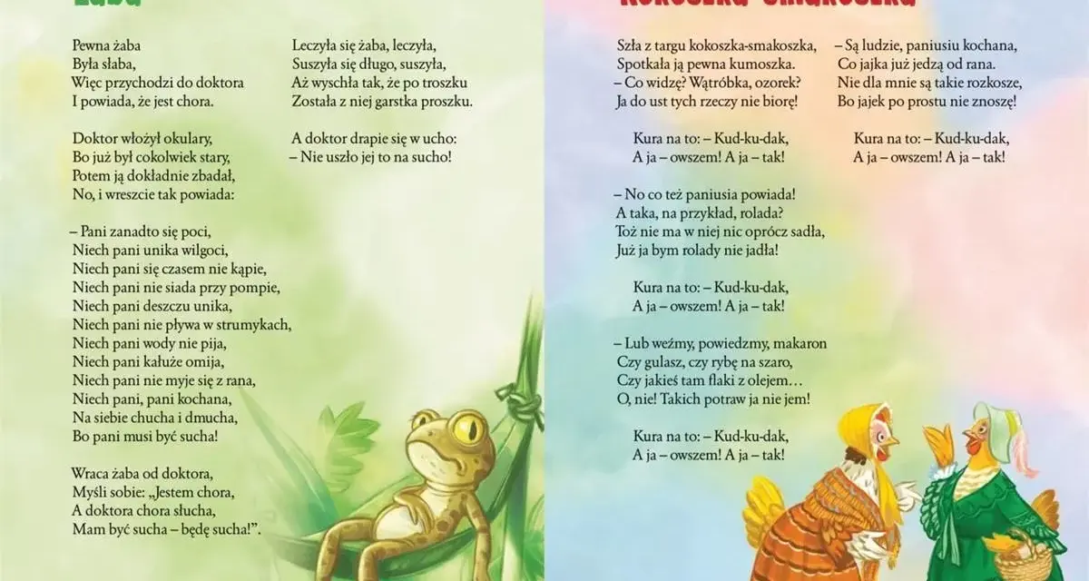 Żaba w wierszu "len brzechwa wiersz" leży w hamaku, a obok niej wiersz o kurach.