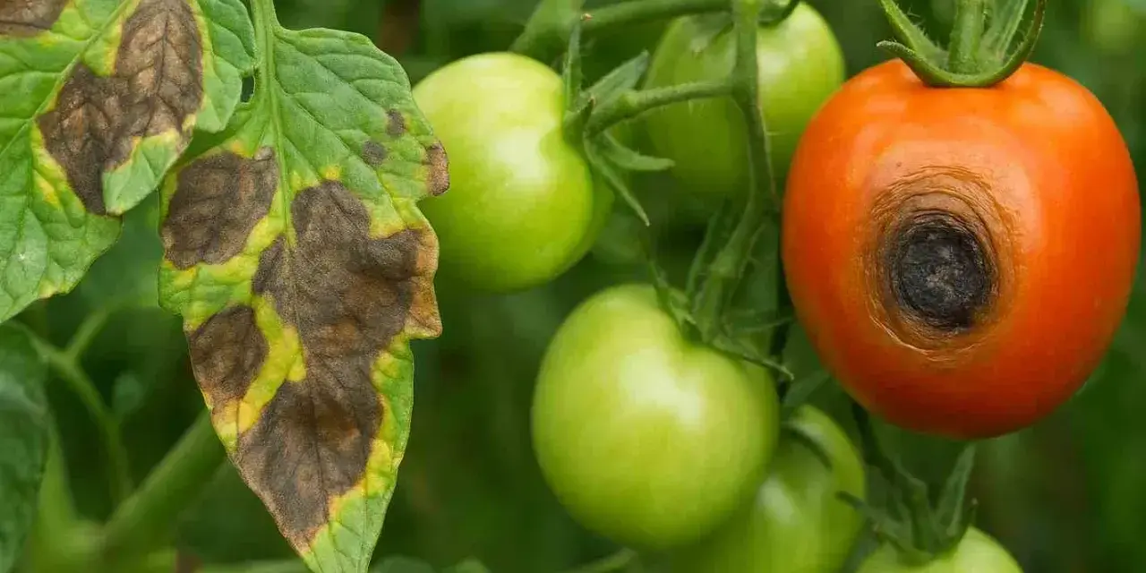 Liście pomidora pokryte brązowymi plamami, a jeden owoc ma czarną, gnijącą piętkę. To objawy alternariozy pomidora.