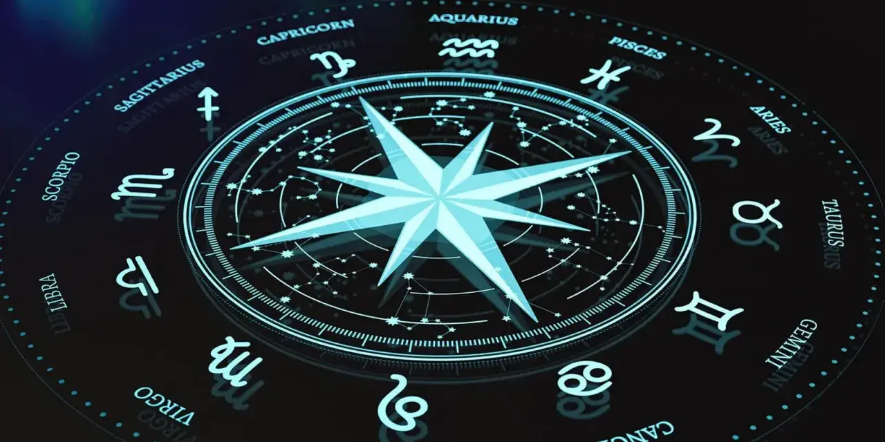 Koło zodiaku z gwiazdą na środku. Znaki zodiaku i konstelacje tworzą mistyczną całość, sugerując numerologiczną 5 i podróż przez wszechświat.