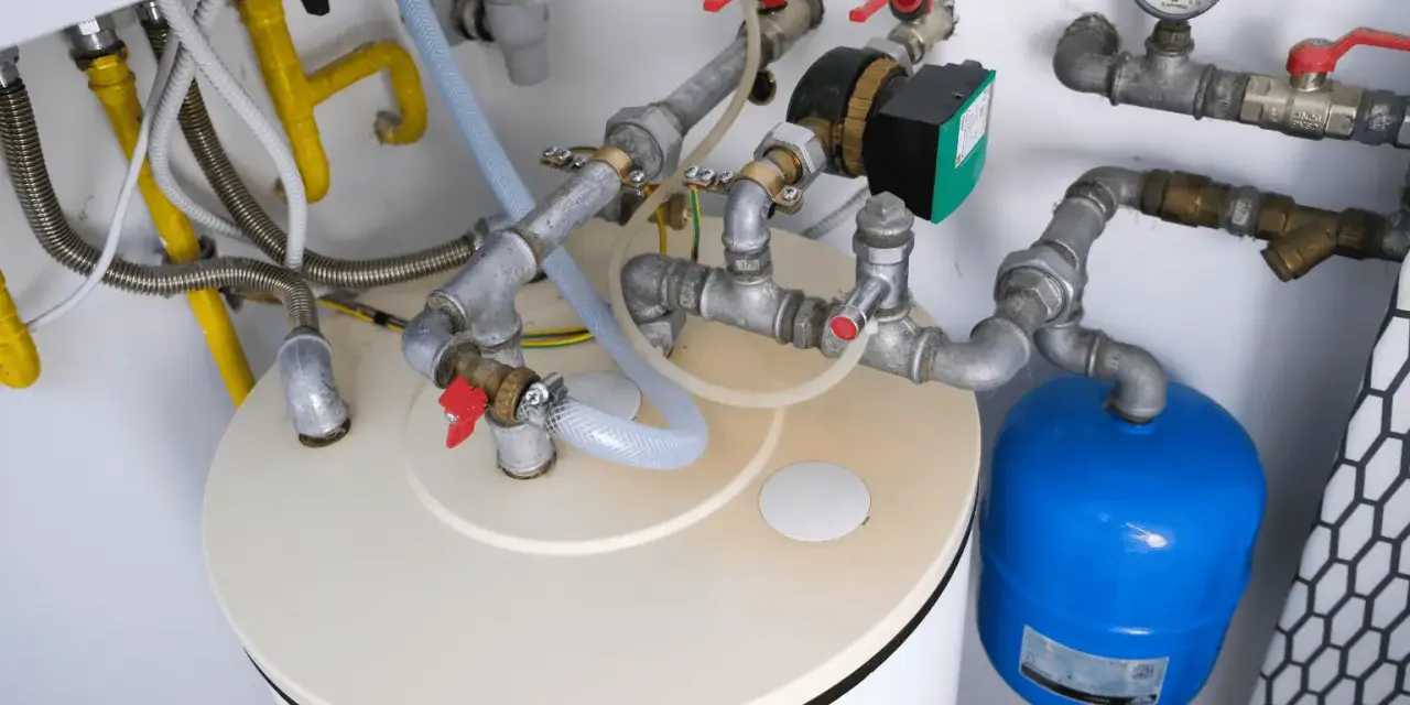 Le chauffe-eau qui explose par le haut, avec ses tuyaux et sa pompe, semble prêt à déborder.