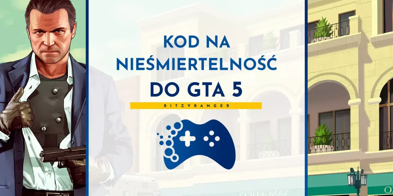 Postać z GTA V z pistoletem i napis "KOD NA NIEŚMIERTELNOŚĆ DO GTA 5".