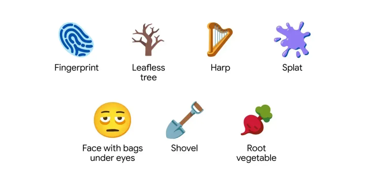 Sechs neue WhatsApp Emojis: Fingerabdruck, kahler Baum, Harfe, Farbklecks, müdes Gesicht, Schaufel, Wurzelgemüse.