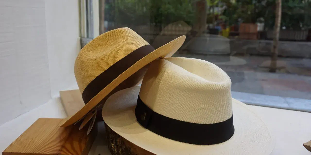Dos sombreros panameños, uno beige y otro blanco, con cintas oscuras, exhibidos sobre madera y tronco.