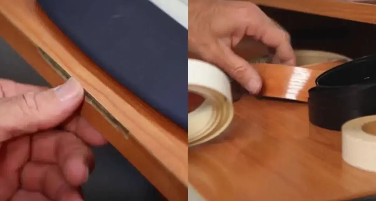 Manos reparando melamina despegada con cinta adhesiva de borde.