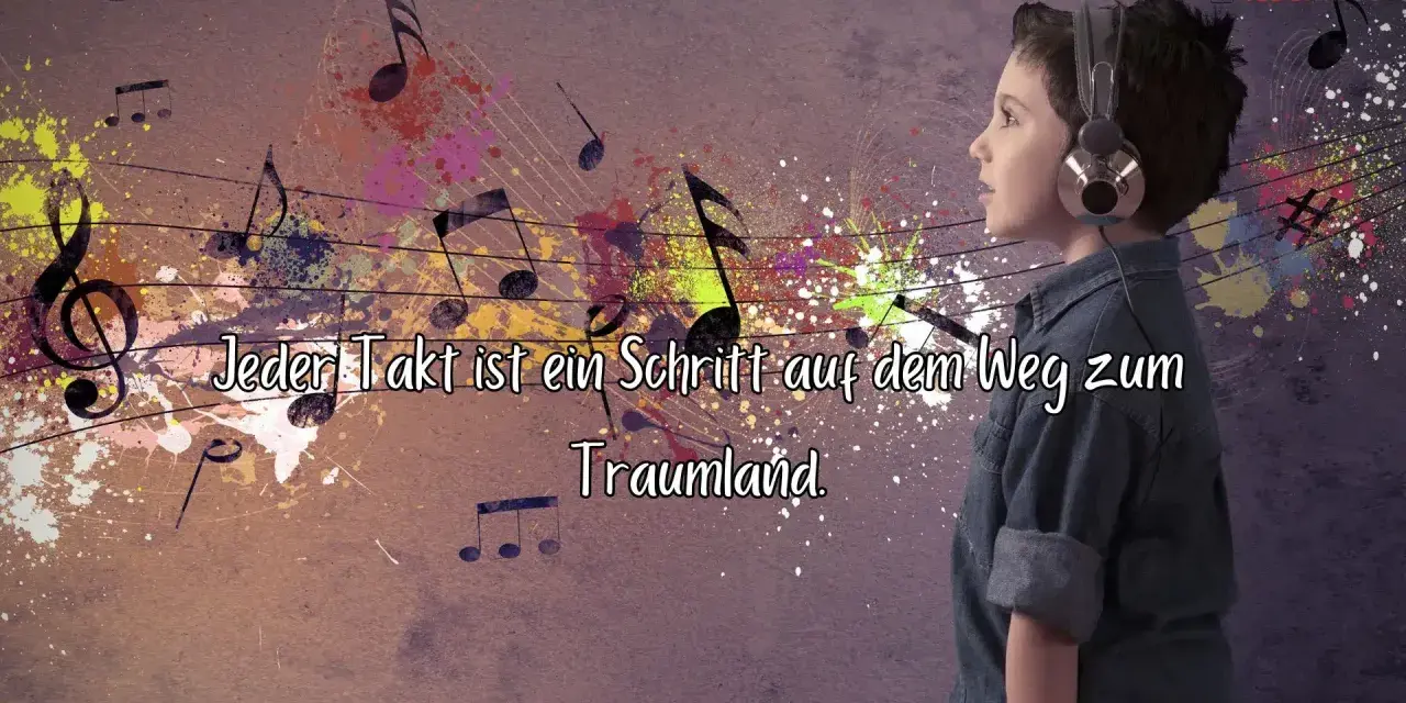 Junge mit Kopfhörern hört Musik, Noten und Farbkleckse. Ein inspirierendes Zitat über Musik, das zum Nachdenken anregt: "Jeder Takt ist ein Schritt auf dem Weg zum Traumland.