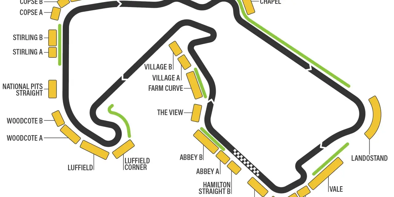 Mapa del circuito de Fórmula 1, con zonas de "General Admission" y gradas. La próxima carrera se acerca.