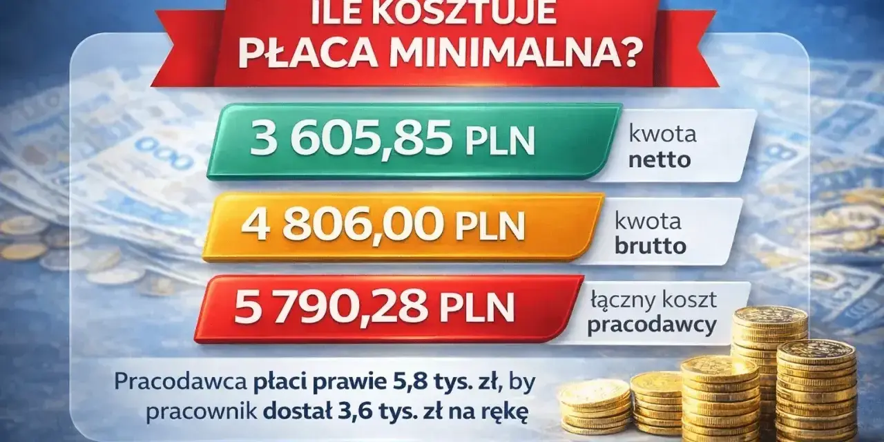 Ile kosztuje płaca minimalna? Pracownik dostaje 3605,85 zł netto, a pracodawca płaci 5790,28 zł.