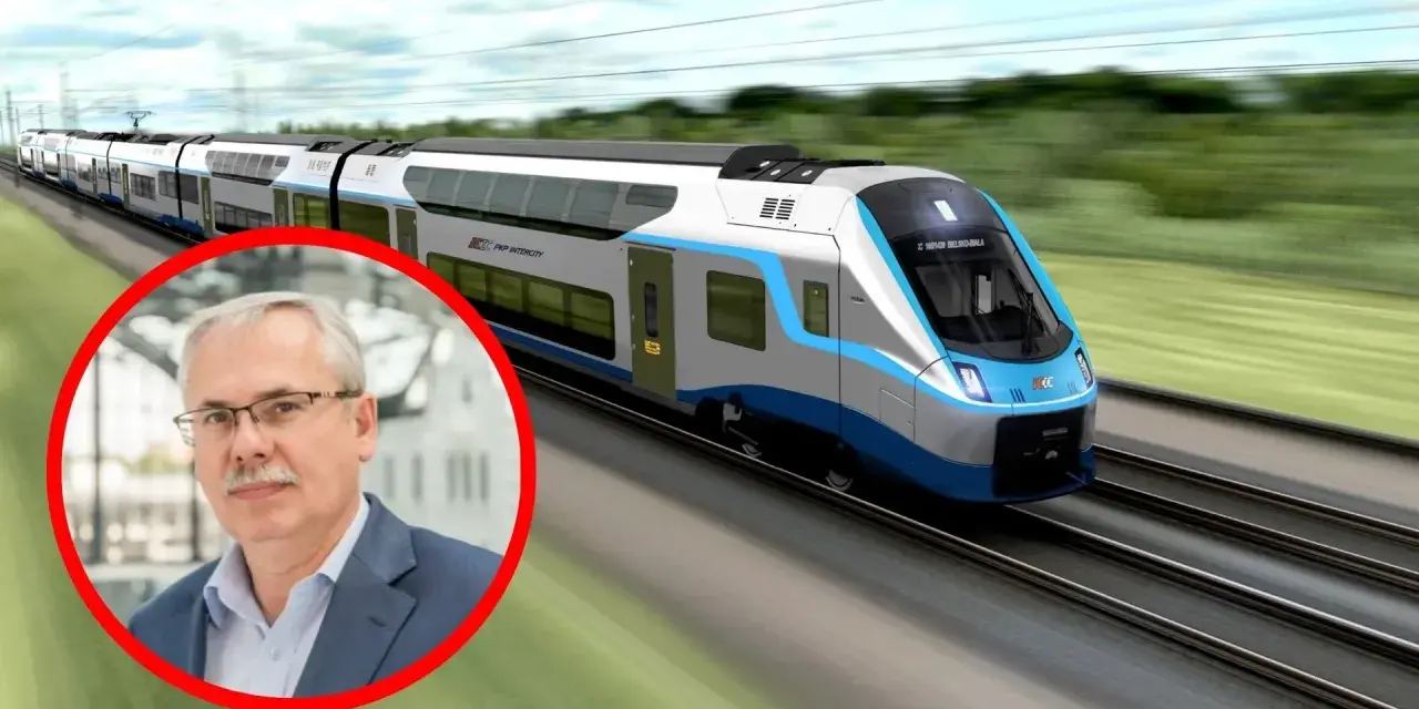 Portret mężczyzny w okularach w czerwonym okręgu na tle pędzącego pociągu PKP Intercity.