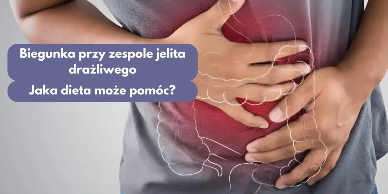 Osoba trzyma się za brzuch, gdzie widoczne są jelita. Tekst pyta: "Biegunkę przy zespole jelita drażliwego. Jaka dieta może pomóc?".
