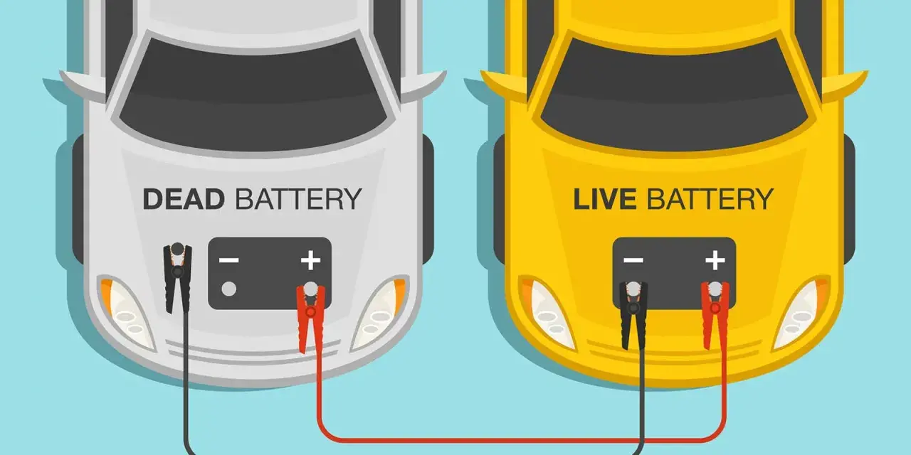 Illustration showing how to jump start a car with a battery pack. A dead battery car is connected to a live battery car via jumper cables.