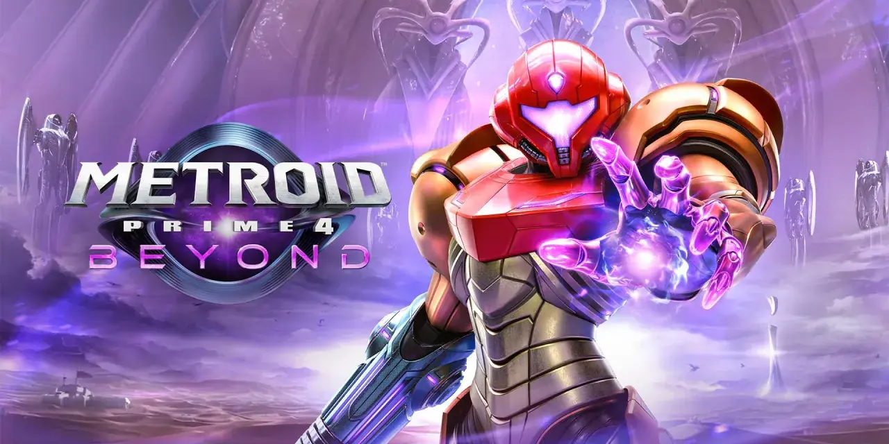 Samus Aran en su icónico traje de poder, lista para la acción en Metroid 4: Beyond. El planeta alienígena se extiende bajo un cielo púrpura.