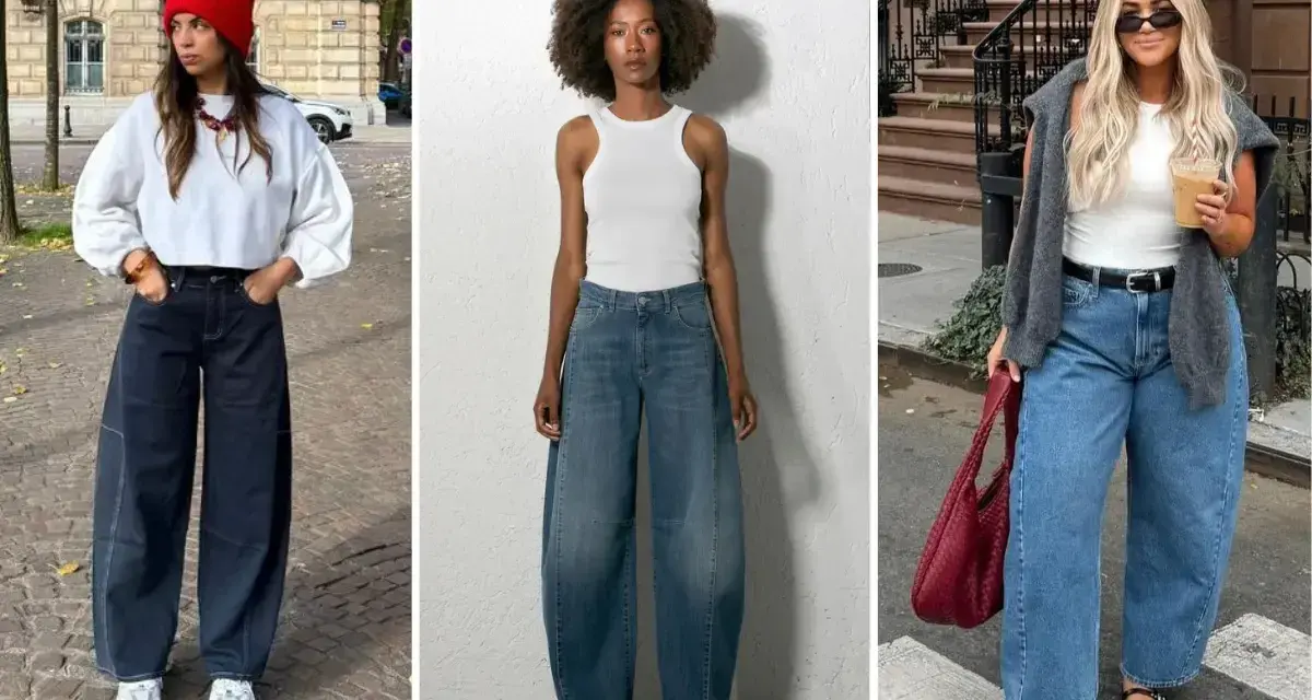 Trois femmes portent des jeans larges, un style décontracté et tendance. La forme de jean femme est mise en avant.
