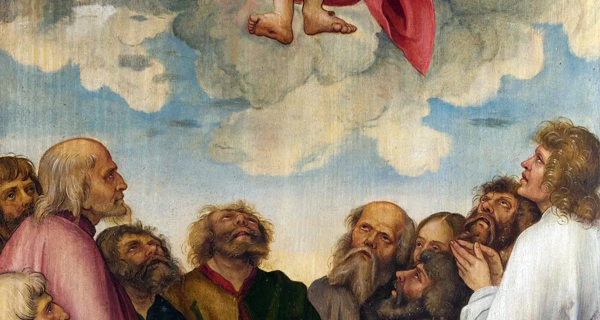 Männer blicken voller Ehrfurcht zum Himmel, wo die Füße Jesu bei Christi Himmelfahrt in den Wolken verschwinden.