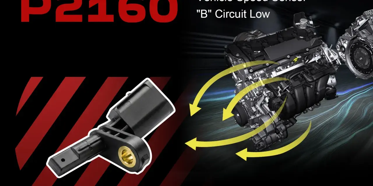 P2160 code: Vehicle Speed Sensor "B" Circuit Low. Image shows a speed sensor and car engine.