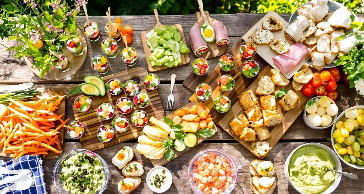 Idée apéro rapide sans cuisson : verrines colorées, crudités, toasts et dips variés sur une table en bois ensoleillée.