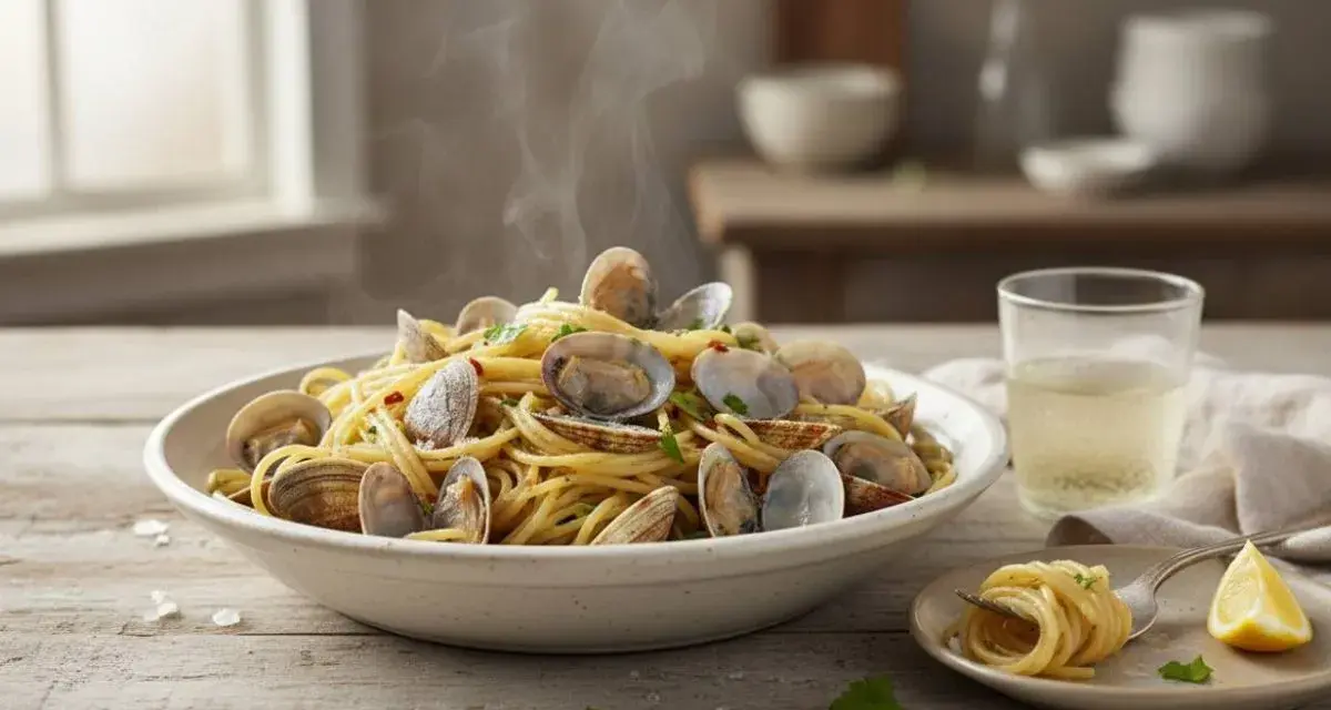 Un piatto fumante di spaghetti alle vongole, un classico della cucina italiana, preparato con ingredienti surgelati per un pasto veloce e gustoso.