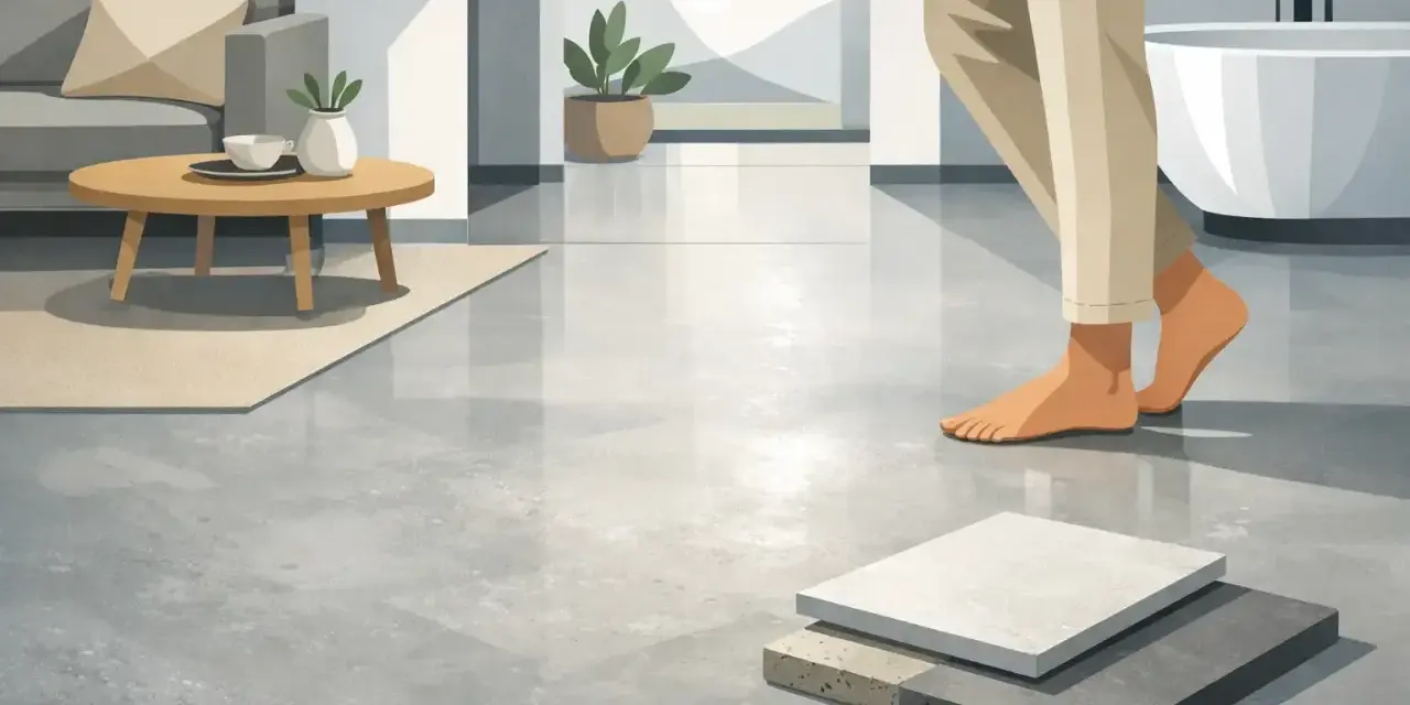 Nowoczesne wnętrze z kanapą i stolikiem, gdzie błyszcząca podłoga z mikrocementu odbija światło. Obok wanny stoją próbki materiałów.