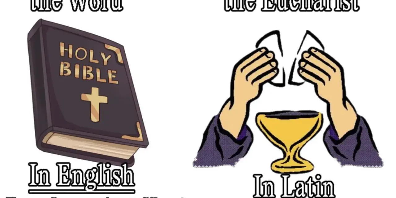 Liturgy of the Word (Bible in English) vs. Liturgy of the Eucharist (hands holding host over chalice in Latin).