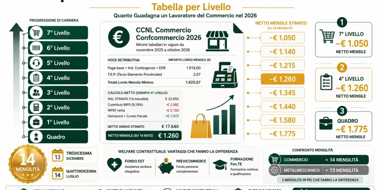Quanto guadagna un magazziniere nel 2026? La tabella mostra stipendi netti mensili per diversi livelli, con il 4° livello a circa €1.260.