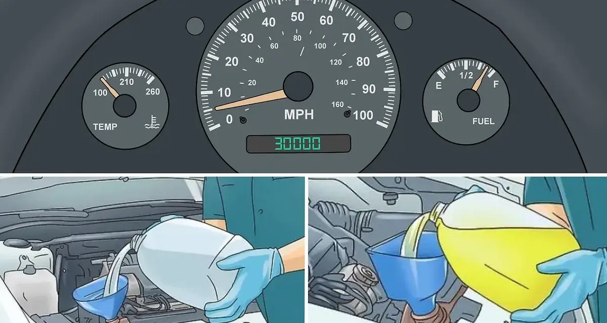 Learn how to flush radiator fluid at 30,000 miles. The image shows a car dashboard and someone adding fluid to the engine.