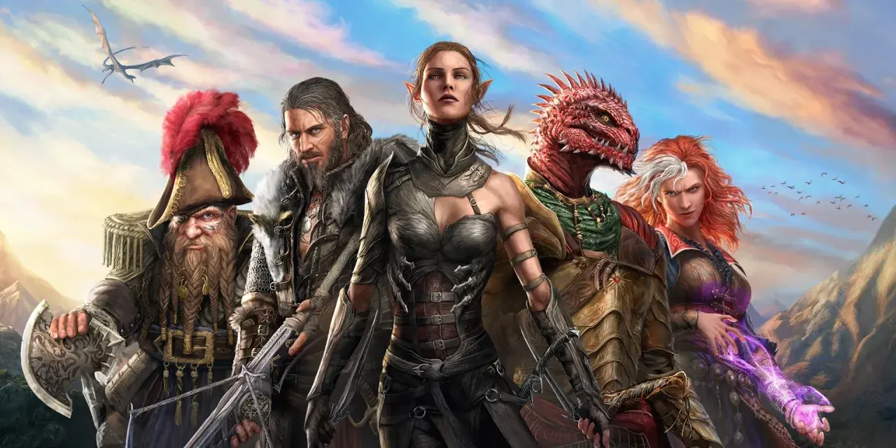Cinco héroes de Divinity Original Sin 2, un enano pirata, un guerrero barbudo, una elfa, un lagarto y una pelirroja hechicera, posan ante un cielo nublado.