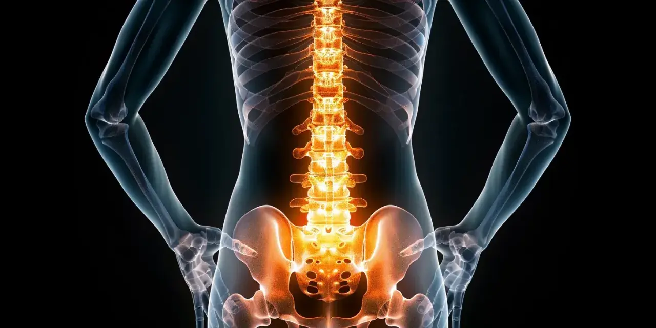 Anatomia człowieka z podświetlonymi kręgami lędźwiowymi i miednicą. Widoczne są mięśnie kręgosłupa lędźwiowego.