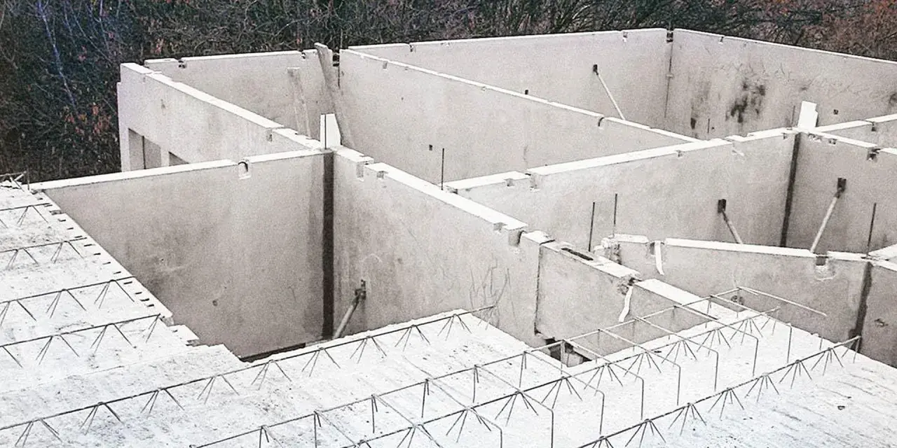 Budowa stropu filigran: betonowe elementy i zbrojenie na placu budowy.