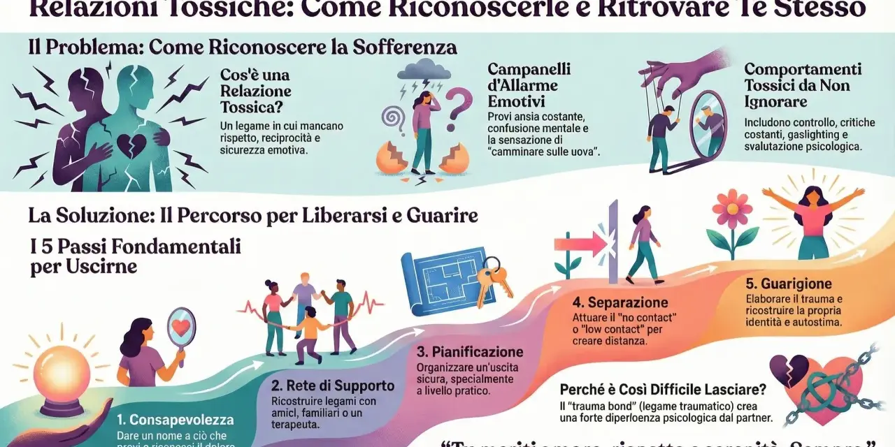 Illustrazione sui comportamenti tossici nelle relazioni, con i 5 passi per liberarsene: consapevolezza, rete di supporto, pianificazione, separazione e guarigione.