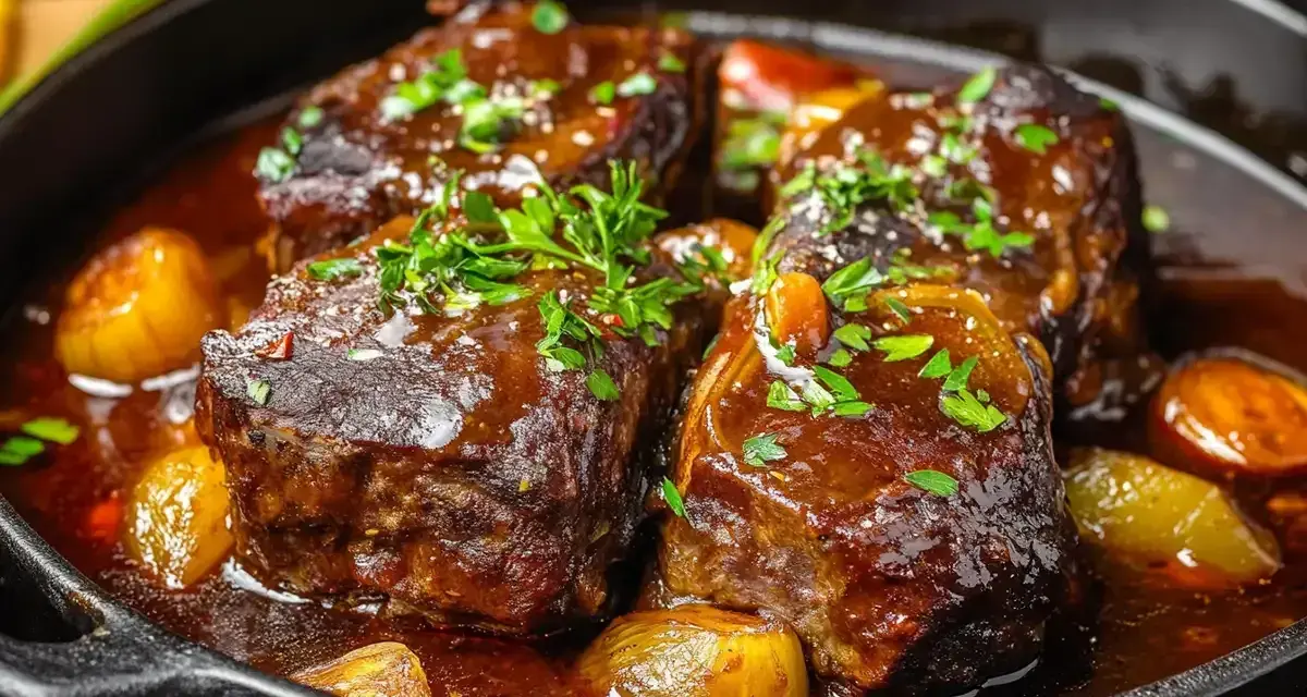 Quatre morceaux de joue de bœuf braisée, tendres et juteux, mijotent dans une sauce riche avec des oignons caramélisés et des herbes fraîches.