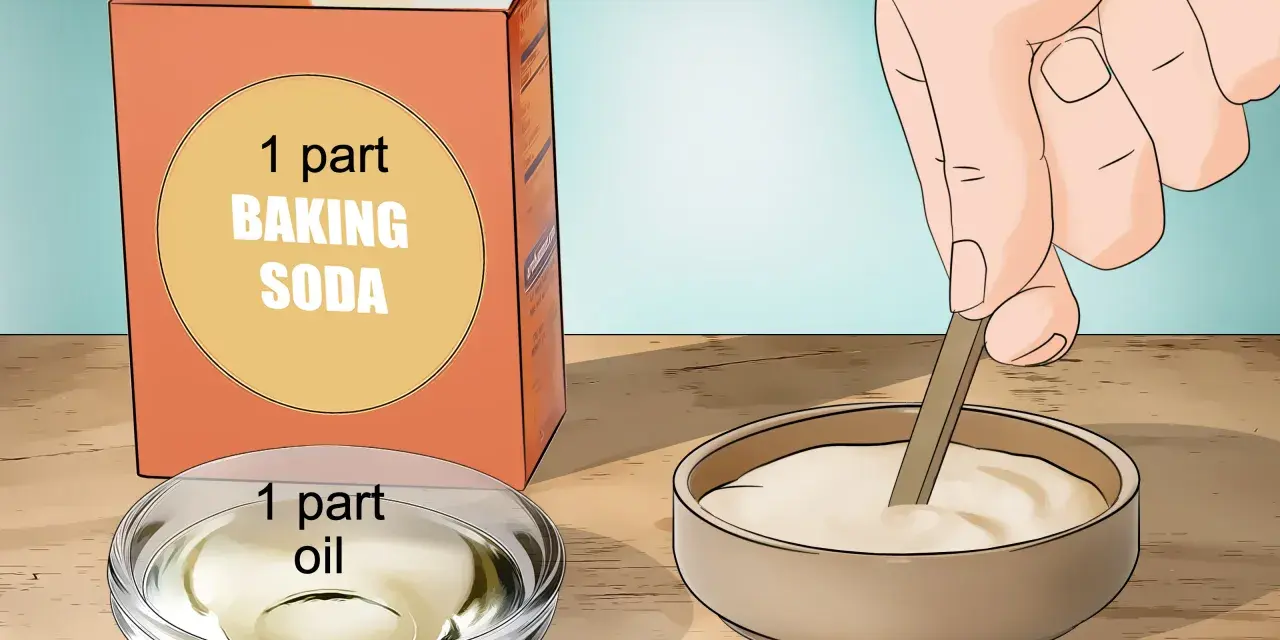 Learn how to remove acrylic glue using a paste of baking soda and oil. A hand mixes the paste in a bowl.