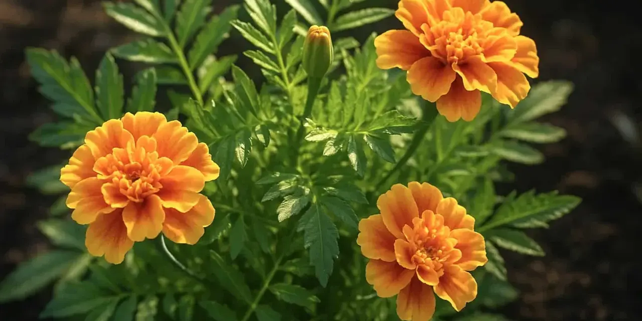 Tre soliga marigold svenska blommor med gröna blad. En knopp väntar på att slå ut.