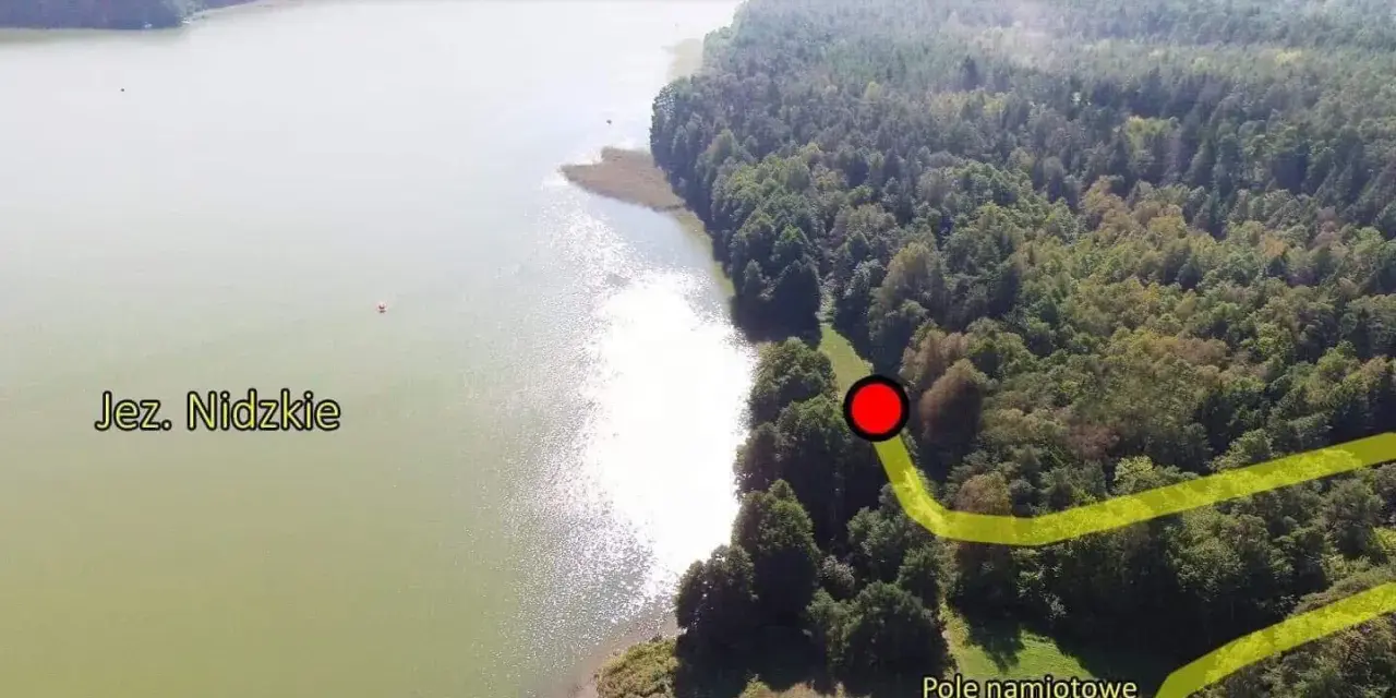 Jezioro Nidzkie i las. Na brzegu lasu zaznaczono pole namiotowe Binduga Borowa, idealne miejsce na nocleg.