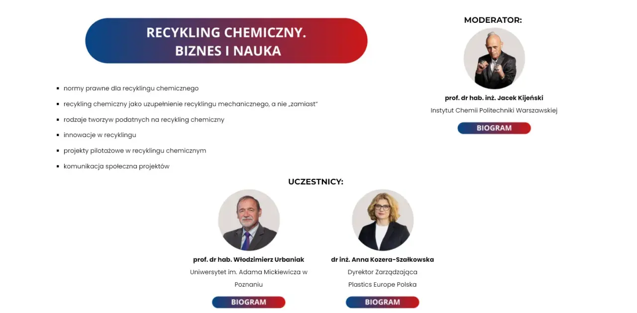 Grafika przedstawia tytuł "Recykling chemiczny. Biznes i nauka", listę tematów oraz zdjęcia moderatora i uczestników dyskusji.