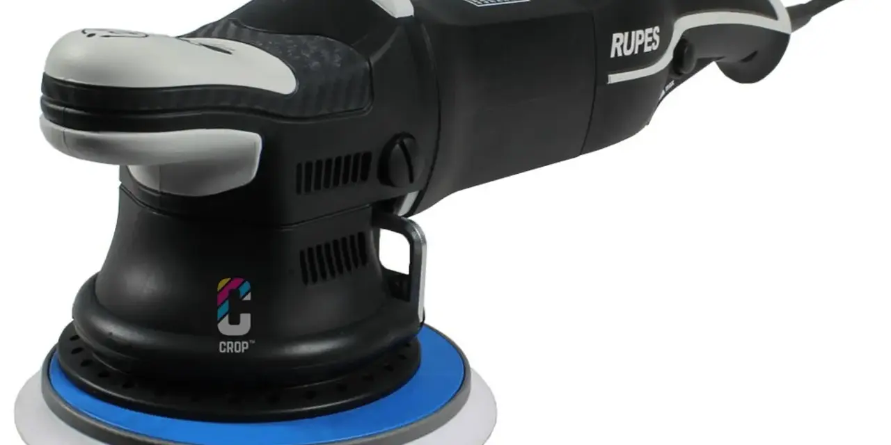 En svart Rupes LHR21 Mark III polermaskin med blå och vit detaljering.