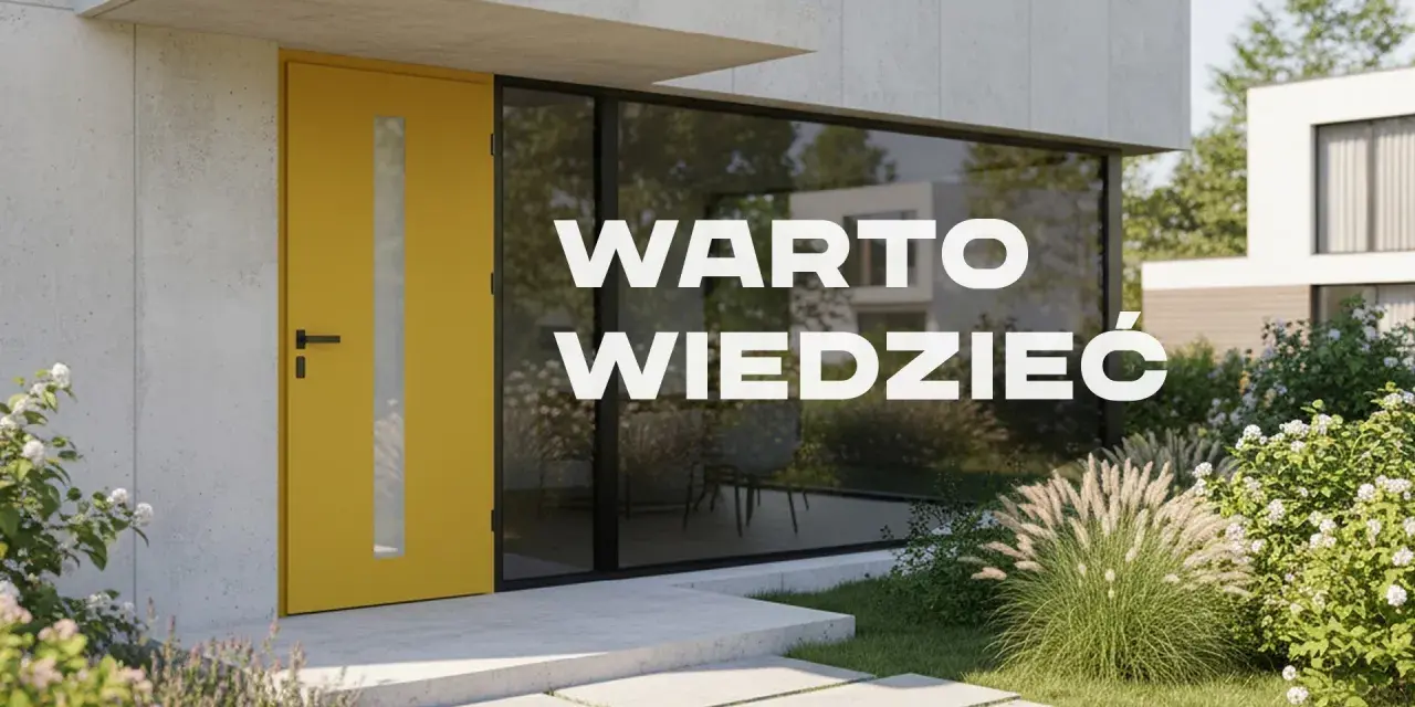 Żółte drzwi zewnętrzne z przeszkleniem, obok dużego okna. Warto wiedzieć, co oferuje nasz katalog drzwi.
