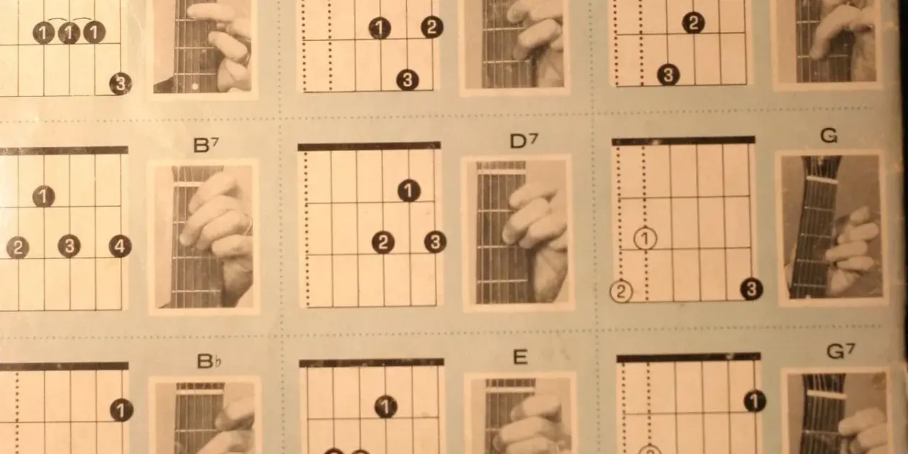 Diagramy akordów gitarowych: A7, B7, Bb, D, D7, E, F, G, G7. Nauka gry na gitarze.