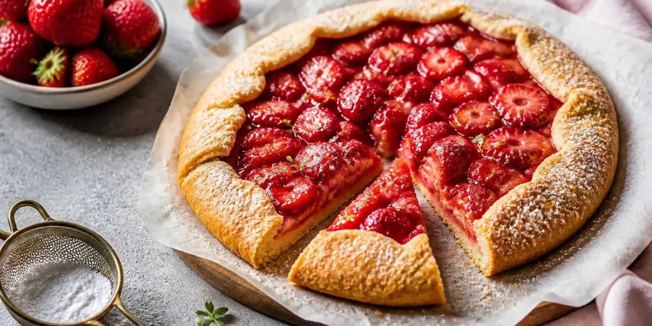 Saftige Erdbeer-Galette, perfekt für jedes galette rezept. Mit frischen Erdbeeren und knusprigem Teig, bestäubt mit Puderzucker.
