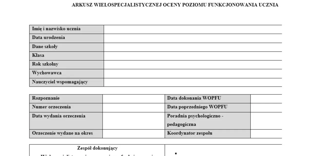 Arkusz Wielospecjalistycznej Oceny Poziomu Funkcjonowania Ucznia. Dokument zawiera dane ucznia, informacje o orzeczeniu i daty związane z ewaluacją WOPFU po pierwszym półroczu.